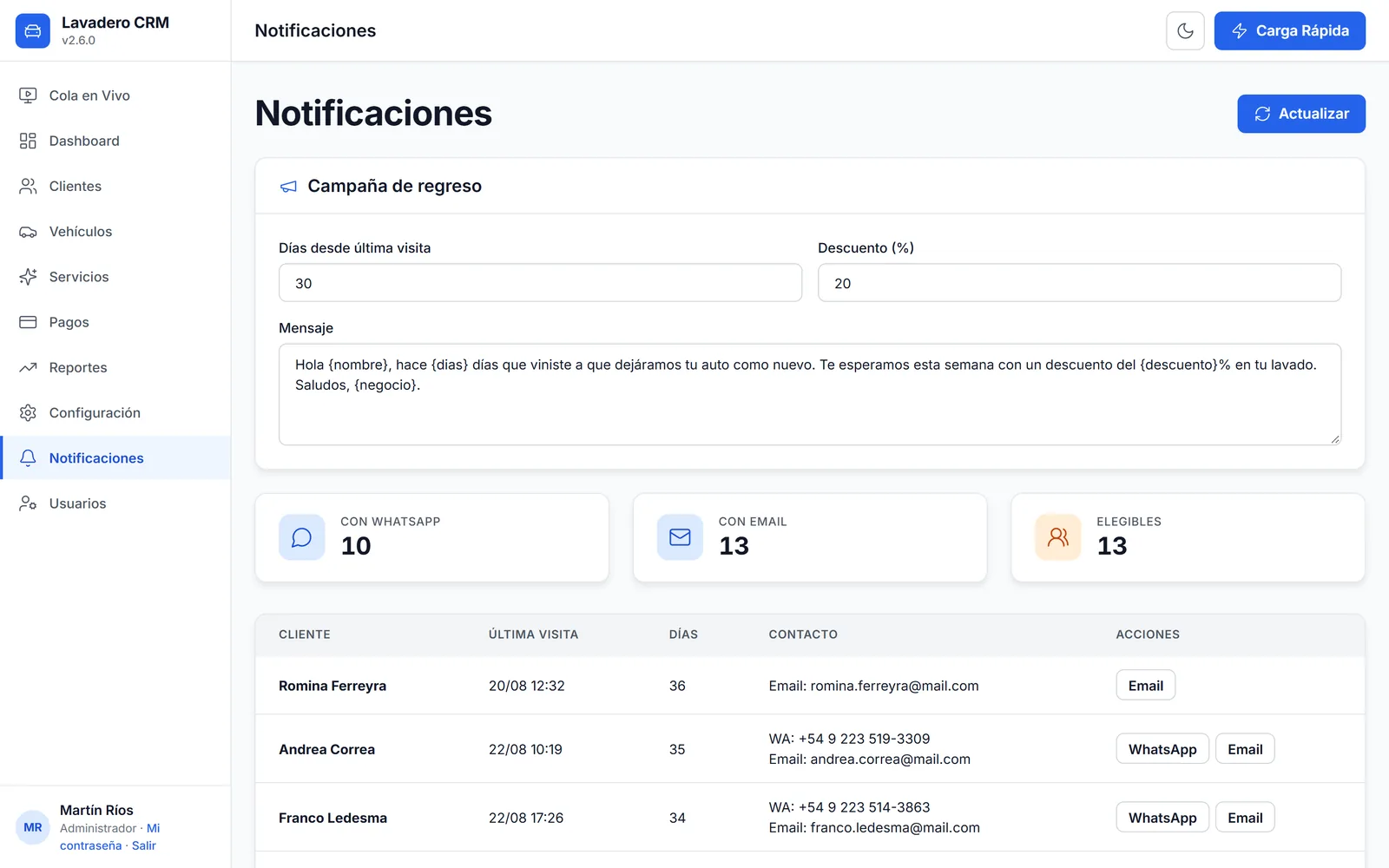 Campaña de regreso con clientes que no vienen hace más de 30 días y botones de WhatsApp y email